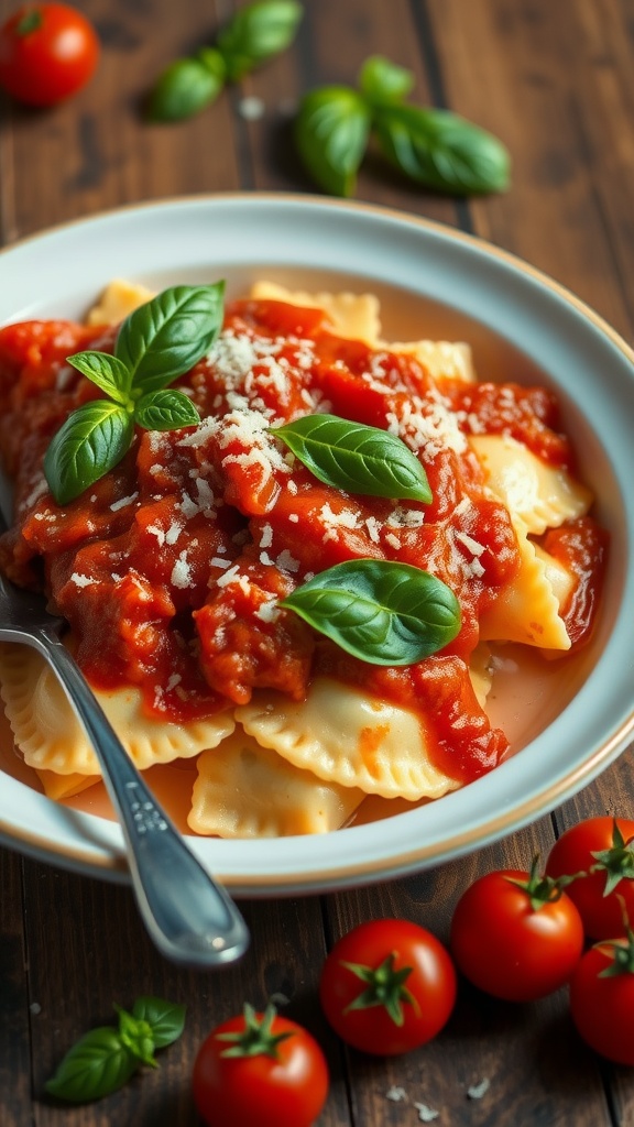 Ravioli topped with tomato sauce and basil on a wooden table.